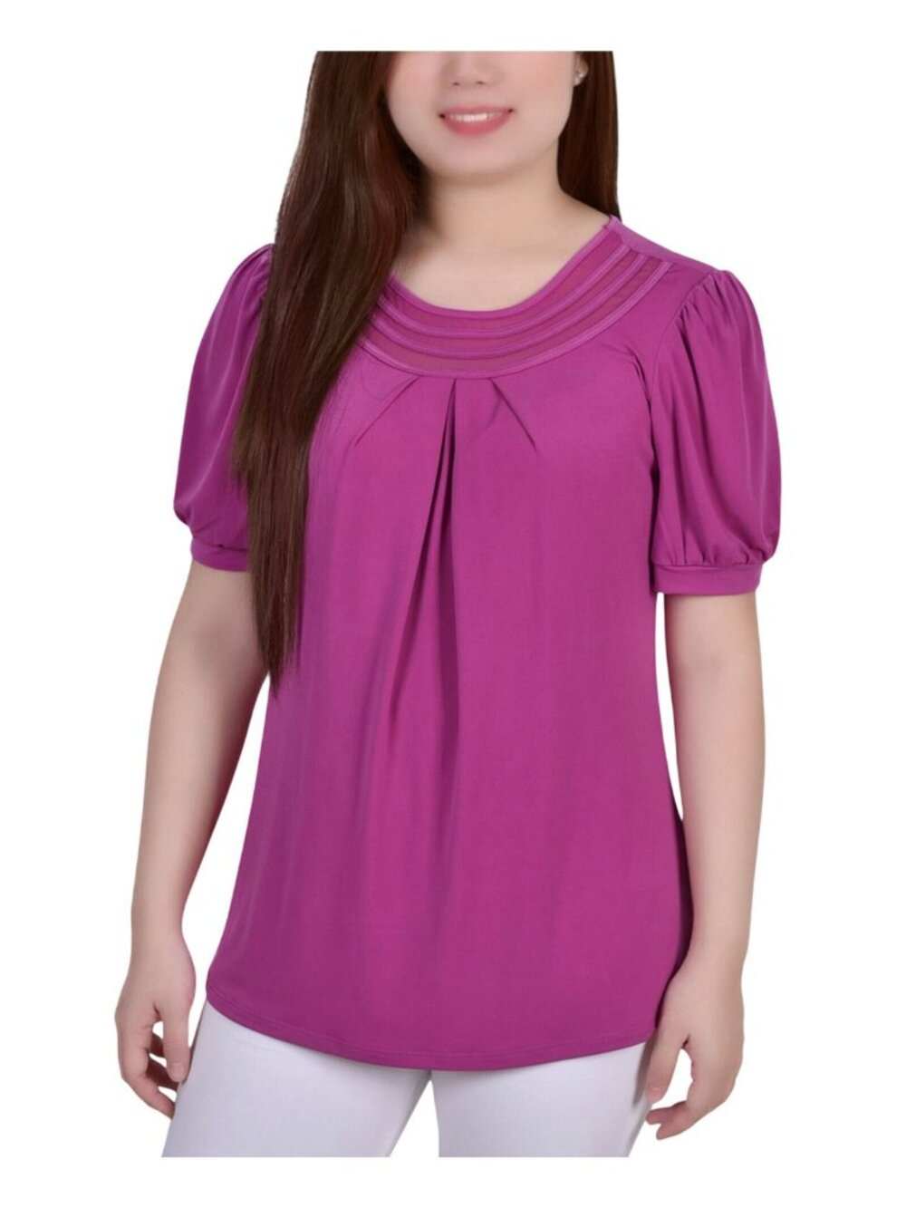 NWT NY Collection Womens Knit Mesh Inset Puff Short Sleeve Top Magenta Purple M